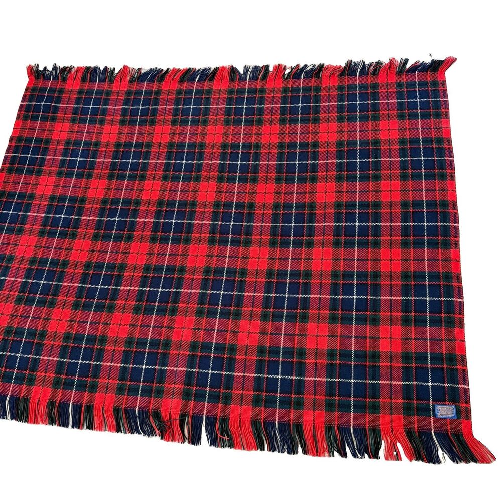 Vintage Pendleton Fringe Wool Tartan Plaid Blanket Red 50x65In
